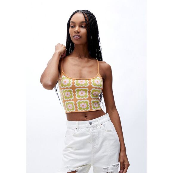 PACSUN Women's Fruity Sweater Tank Top Medium Tan Floral Print Cropped NWT - Picture 1 of 12